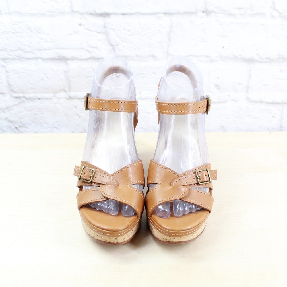 LL BEAN Brown Leather Cork Platform Wedge Ankle Strap Sandals Size 7 M - Picture 5 of 9